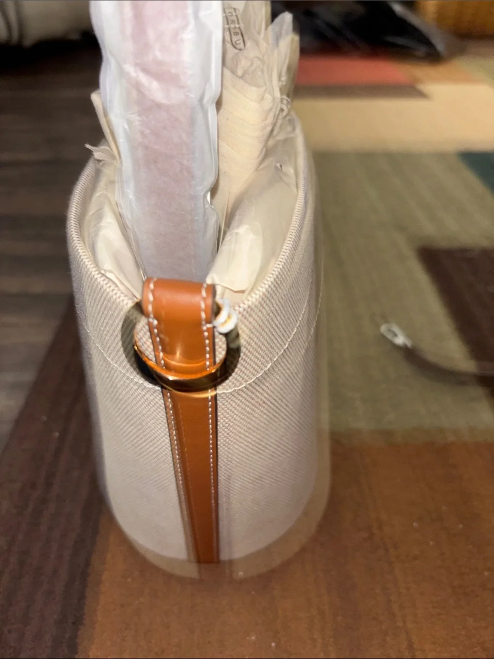 Tory Burch Beige Canvas Bucket Tote with Logo Medallion